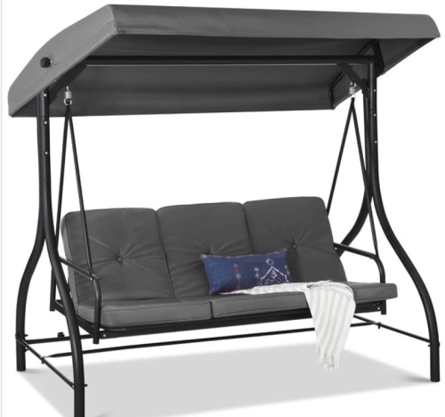 3-Seat Outdoor Canopy Swing Glider Furniture w/ Converting Flatbed Backrest - Lot 123