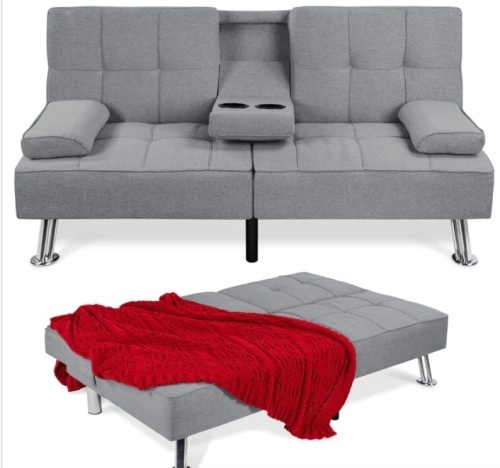 Linen Upholstered Convertible Sofa Bed Futon w/ 2 Cupholders - Lot 124