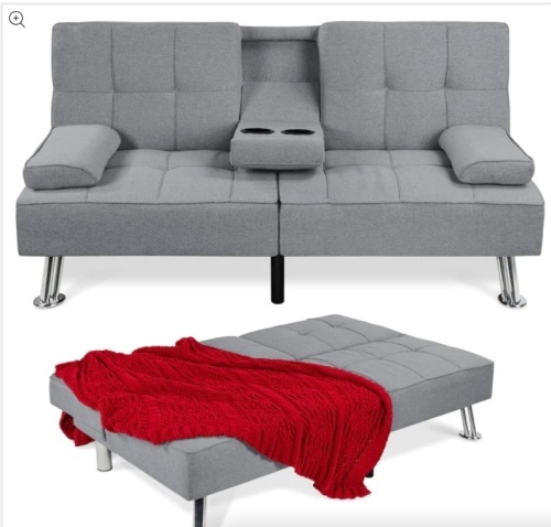 Linen Upholstered Convertible Sofa Bed Futon w/ 2 Cupholders - Lot 134