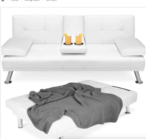 Faux Leather Upholstered Convertible Sofa Bed Futon w/ 2 Cupholders - Lot 135