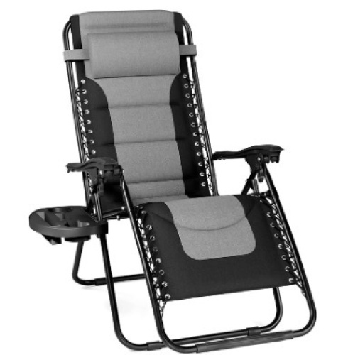 PHI VILLA Padded Zero Gravity Lounge Chair Folding Patio Recliner with Adjustable Headrest & Cup Holder, Support 350 LBS (Grey) - Lot 206