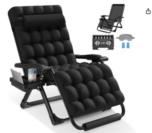 Oversized Padded Zero Gravity Chair XXL, 33inch Zero Gravity Recliner, Folding Reclining Lounge Chair,Indoor Outdoor Patio Chairs with Pillow, Footrest,Cup Holder, Support 500lbs,Black - Lot 207