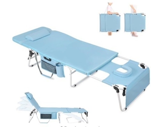 Comfy Tanning Chair with Mattress Face Hole, Heavy Duty Folding Chaise Lounge Chair with Pad Cushion 5 Position for Outside Sunbathing Reading Patio Beach Poolside Lawn Camping, 300 LBS - Lot 210