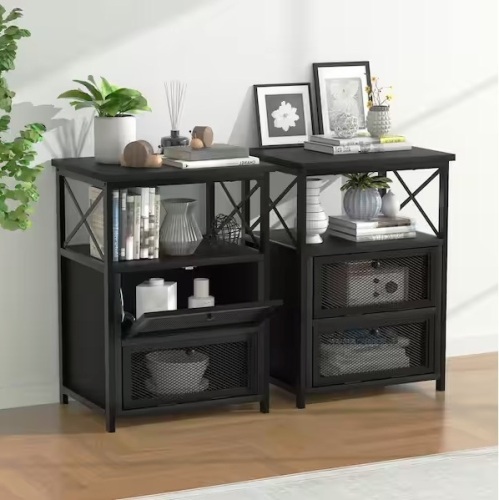 2-Pieces Black NightStand & End Side Table w/ Storage Space & Door NightStand w/ Flip Drawers 15.7in.x 13.8in.x 23.8in. - Lot 219