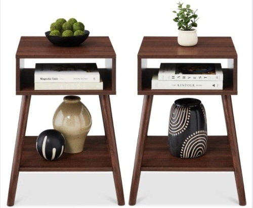 Set of 2 Mid-Century Modern End Tables w/ Cubby, Shelf - Lot 159