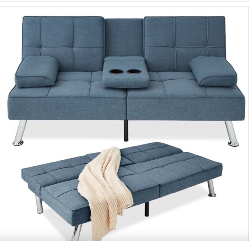 Linen Upholstered Convertible Sofa Bed Futon w/ 2 Cupholders - Lot 286