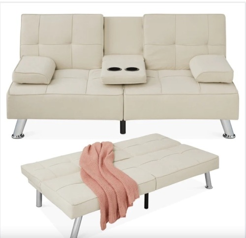 Linen Upholstered Convertible Sofa Bed Futon w/ 2 Cupholders - Lot 287