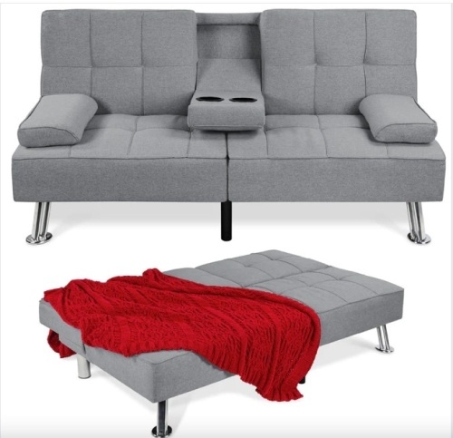 Linen Upholstered Convertible Sofa Bed Futon w/ 2 Cupholders - Lot 289