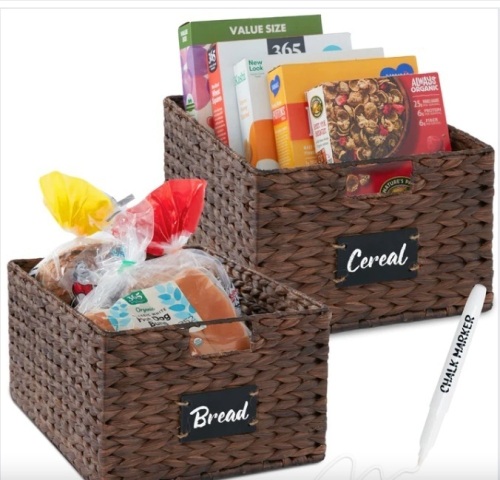 Set of 2 Water Hyacinth Pantry Baskets w/ Chalkboard, Marker - 16in - Lot 293
