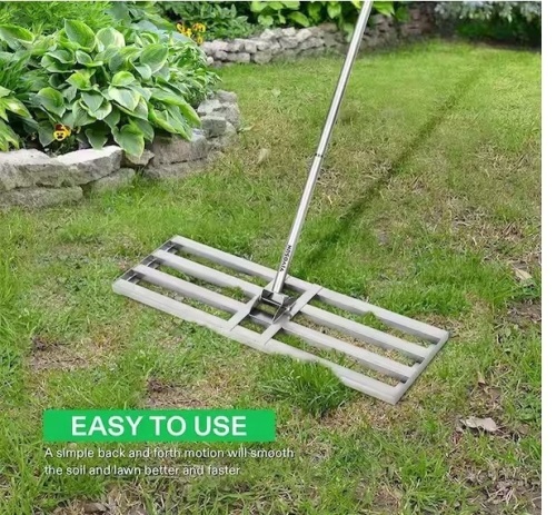 72 in. x 30 in. x 10 in. Stainless Steel Lawn Leveling Rake with Handle for Smooth Soil - Lot 227
