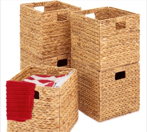 Set of 5 Collapsible Hyacinth Storage Baskets w/ Inserts - 10.5x10.5in - Lot 236