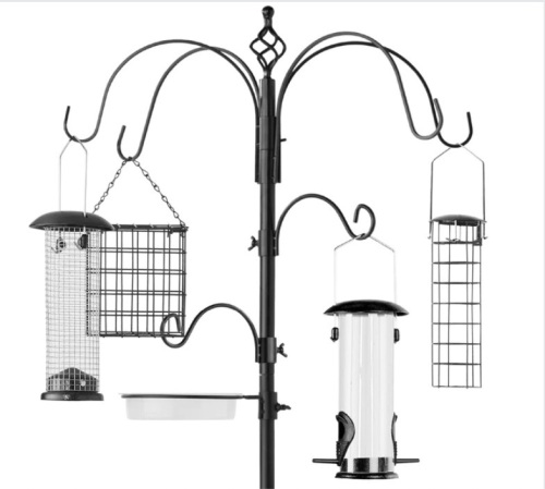 Bird Feeding Station, 6-Hook Steel Multi-Feeder Stand w/ 4 Feeders - 89in - Lot 246