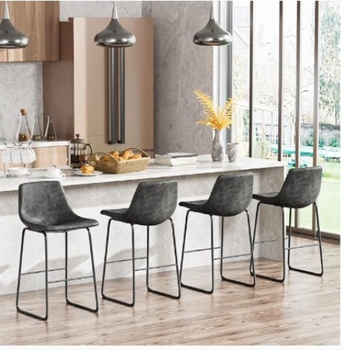 28 inch Industrial Bar Stools Set of 2, Faux Leather Dining Chairs with Metal Legs and Footrest, Counter Height Barstools with Back for High Table Kitchen Island, Black - Lot 71