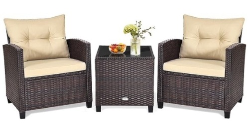 HAPPYGRILL 3 Pieces Patio Furniture Set Outdoor PE Rattan Conversation Set with Removable Cushions, PE Wicker Sofas with Tempered Glass Side Table for Porch Lawn Garden Balcony Backyard - Lot 72