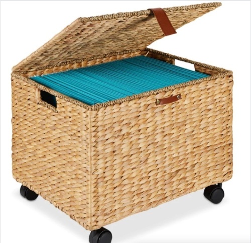 Mobile Water Hyacinth Rolling Filing Cabinet Storage Basket w/ Lid, Wheels - Lot 303