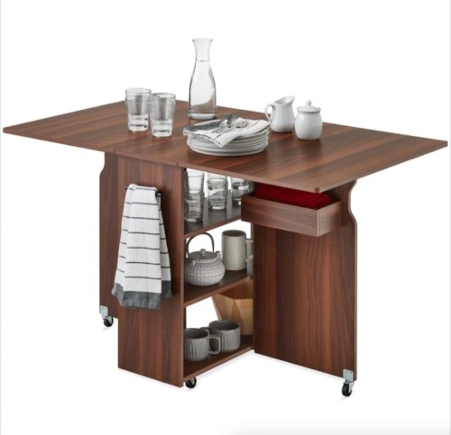 Multipurpose Folding Table w/ Wheels, 3 Storage Shelves, Cubby, Handle - Lot 307