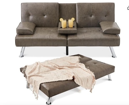 aux Leather Upholstered Modern Convertible Futon, Adjustable Folding Sofa Bed, Guest Bed w/Removable Armrests - Lot 79
