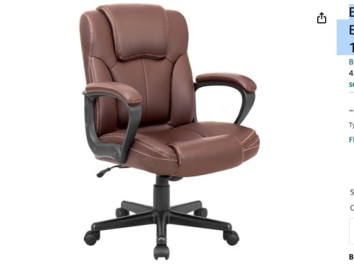 Executive Office Chair Swivel Task Seat with Ergonomic Mid-Back, Waist Support, PU Leather, 18D x 19W x 41H in, Brown - Lot 81