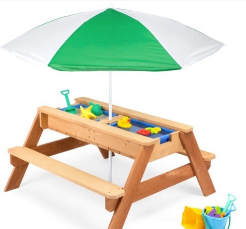3-in-1 Kids Sand & Water Table Outdoor Wood Picnic Table w/ Umbrella - Lot 266