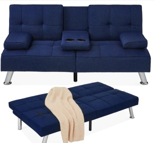 Linen Upholstered Convertible Sofa Bed Futon w/ 2 Cupholders - Lot 267