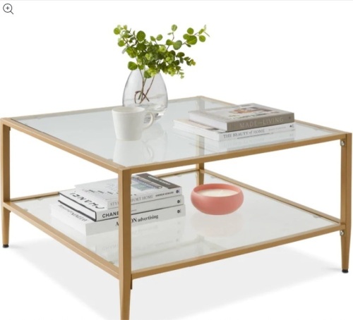 2-Tier Large Square Coffee Table Living Room Accent w/ Glass Top - 32" - Lot 272