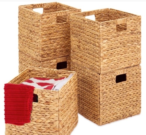 Set of 5 Collapsible Hyacinth Storage Baskets w/ Inserts - 13x13in - Lot 384