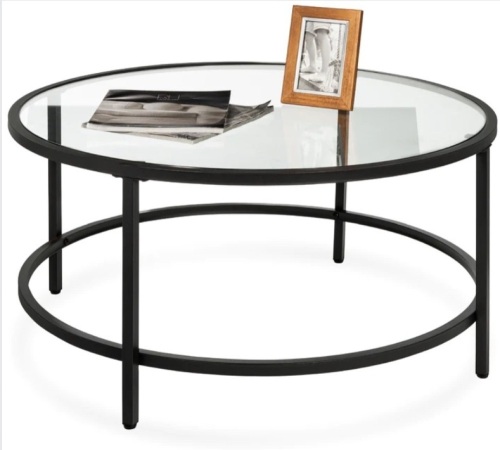 Round Tempered Glass Coffee Table w/ Steel Frame - 36in - Lot 394