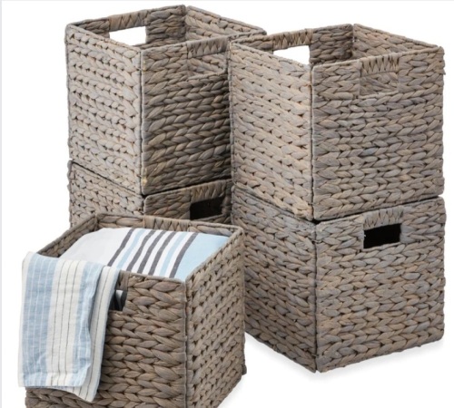 Set of 5 Collapsible Hyacinth Storage Baskets w/ Inserts - 13x13in - Lot 400