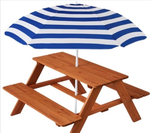 Kids Wooden Outdoor Picnic Table w/ Adjustable Umbrella, Built-In Seats - Lot 401