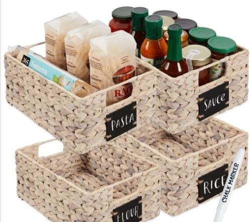 Set of 4 Water Hyacinth Pantry Baskets w/ Chalkboard, Marker - 12in - Lot 412