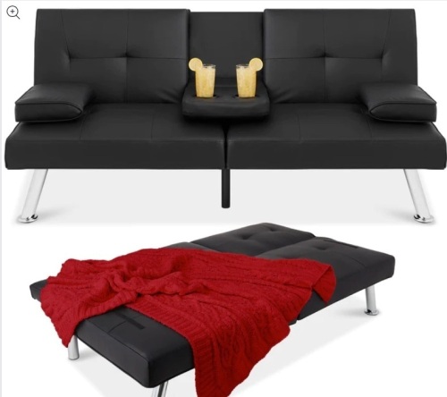 Faux Leather Upholstered Convertible Sofa Bed Futon w/ 2 Cupholders - Lot 416