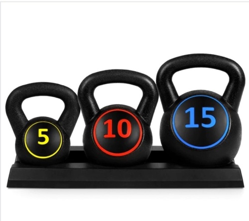 3-Piece Kettlebell Exercise Fitness Weight Set w/ Storage Rack - Lot 417