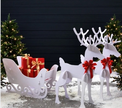 3-Piece Deer & Sleigh Silhouette Set Holiday Yard Decoration w/ Stakes - 4ft - Lot 419