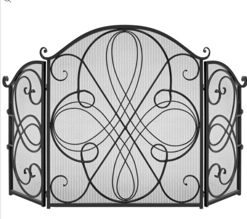 3-Panel Wrought Iron Metal Fireplace Screen Cover w/ Scroll Design - 55x33in - Lot 420