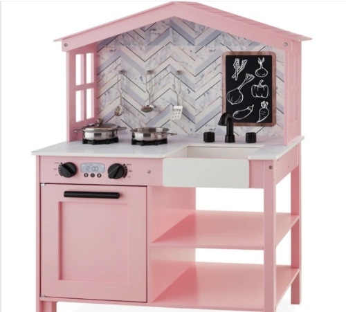 Kids Farmhouse Play Kitchen w/ Chalkboard, Storage Shelves, 5 Accessories - Lot 428