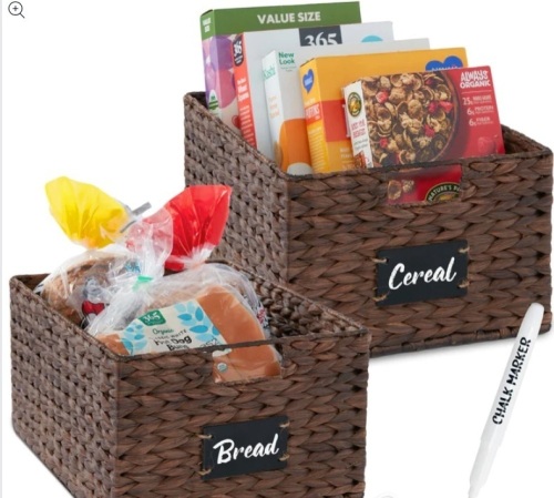 Set of 2 Water Hyacinth Pantry Baskets w/ Chalkboard, Marker - 16in - Lot 432
