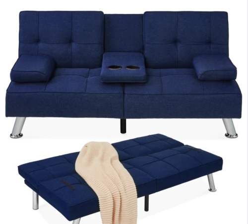 Linen Upholstered Convertible Sofa Bed Futon w/ 2 Cupholders - Lot 433