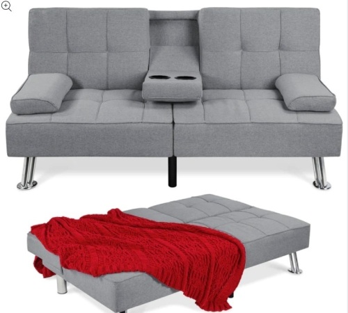 Linen Upholstered Convertible Sofa Bed Futon w/ 2 Cupholders - Lot 434