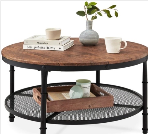 2-Tier Round Industrial Wood & Steel Coffee Table, Storage Shelves - 35.5in - Lot 436