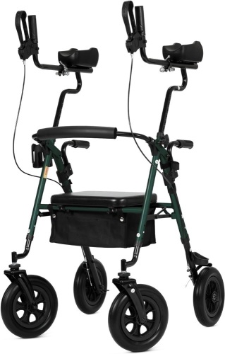 ELENKER All-Terrain Upright Rollator Walker, Stand Up Rolling Walker with 10’’Big PU Wheels and Adjustable Padded Armrests for Seniors from 4’8”to 6'4”, Green - Lot 2101