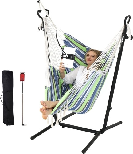 Hammock Chair with Stand Double Hammock Chair Bohemian Style with Tassel Mobile Phone Support Manual Adjustable Swing Indoor and Outdoor Garden Porch with Floor mat Reclining Capacity 400 pounds - Lot 2106