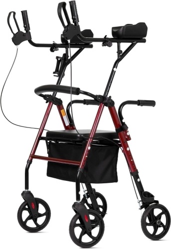 ELENKER Upright Walker, Stand Up Rollator Walker with Padded Seat and Backrest, Lightweight, Compact Folding, Fully Adjustment Frame for Seniors, Red - Lot 2111