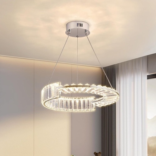 Modern Chrome Crystal Chandelier, LED Ring Dimmable Pendant Lights Fixture with Remote; Adjustable hanging Ceiling Light for Dining Room Kitchen Island Living Room Entryway Foyer, D15.75 inch - Lot 2121