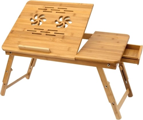 Bamboo Laptop Desk, Adjustable Portable Breakfast Serving Bed Tray with Tilting Top Drawer for Surfing Reading Writing Eating (Bamboo) - Lot 2352