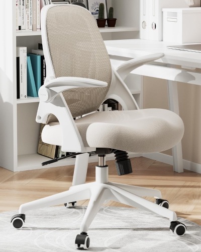 Hbada Office Chair, Desk Chair with Flip-Up Armrests and Saddle Cushion, Ergonomic Office Chair with S-Shaped Backrest, Swivel, Mesh, for Home and Office, Beige - Lot 2357