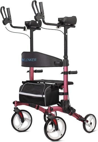 ELENKER Upright Rollator Walker, Stand Up Rolling Walker, Mobility Walking Aid with 10” Front Wheels, Seat and Armrest for Seniors and Adults, Red - Lot 2358