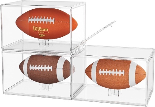MSHOMELY Football Display Case Full Size, 3 Packs Football Case Display Case with Magnetic Door and UV Protection Stackable Football Display Box, Memorabilia Display Case with Removable Display Stand - Lot 2359