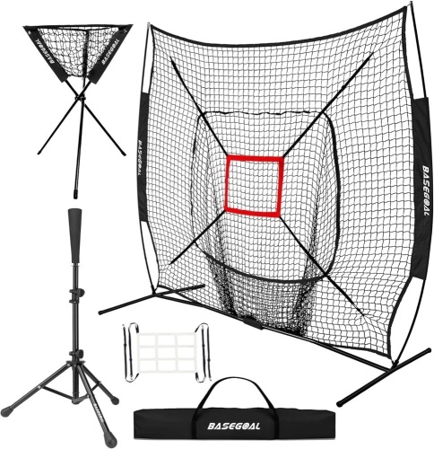 BaseGoal 7'×7' Baseball Softball Practice Net,Baseball Backstop,with Batting Tee,Ball Caddy,for Hitting Pitching Batting Catching with Bow Frame,Bonus Strike Zone,Portable and Foldable - Lot 2366