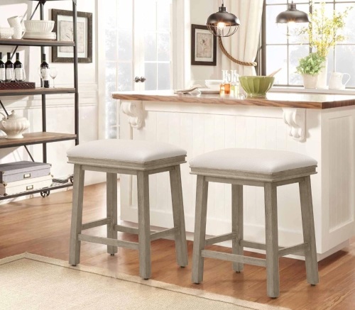 White Solid Wood Bar Stools Set of 2 for Kitchen Counter Counter Height Antique Barstools with Faux Leather Farmhouse Upholstered Stools for 34"-38" Island, Creamy White Cushion, Wood Legs - Lot 2367