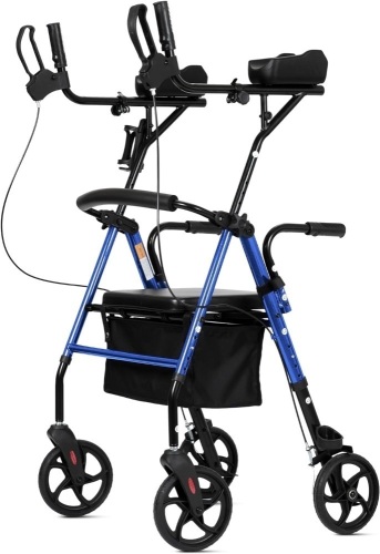ELENKER Upright Walker, Stand Up Rollator Walker with Padded Seat and Backrest, Lightweight, Compact Folding, Fully Adjustment Frame for Seniors, Blue - Lot 2117A